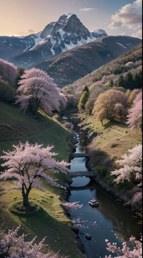 Please create a magnificent artwork depicting an anime landscape during the tranquil evening, with the gentle glow of the setting sun illuminating a breathtaking scene of cherry blossom trees and other enchanting foliage in a mystical mountain setting. Tra...