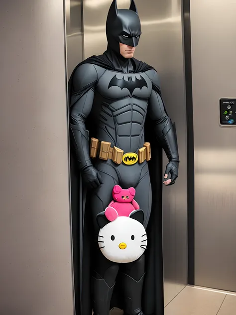 Batman in an elevator holding a hello kitty plushy , 0.5 lens camera