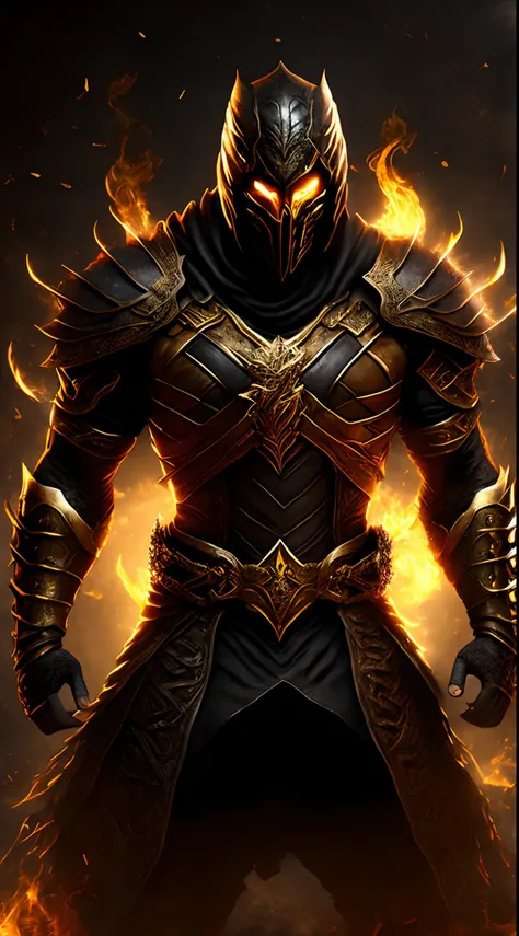 Scorpion from mortal Kombat, black gold armor,fire aura, mascular body,mask, extreme details, full body, fire background,