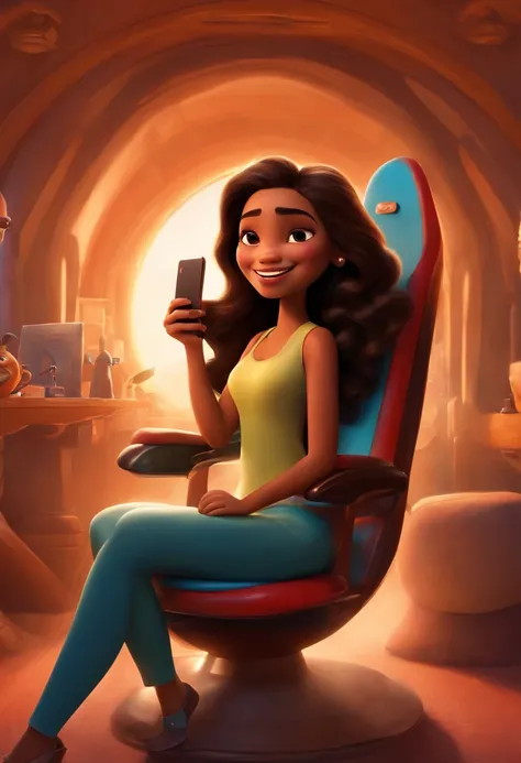 Disney pixar image: woman with long hair, parting of hair in the middle, black, light, wavy, face, a little round, black eyes, light brown skin, with a cell phone in hand, smiling in a rocket-shaped chair