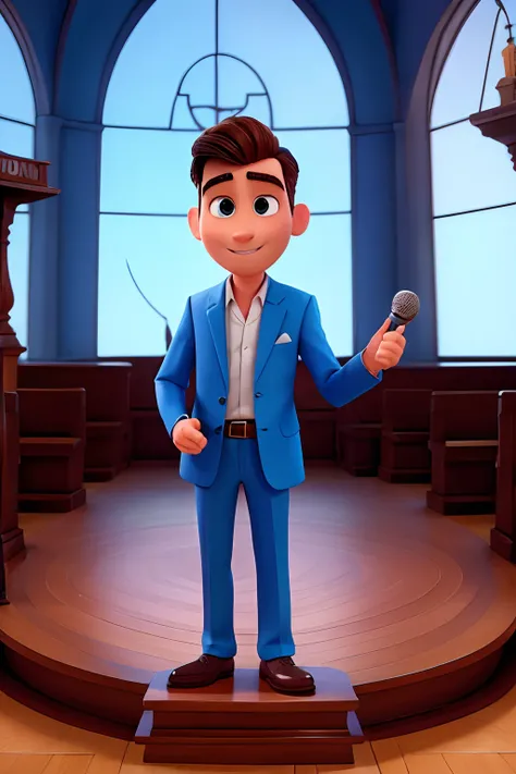 Man in disney pixar style on top of altar with low hair without beard with blue suit and microphone in hand praising God