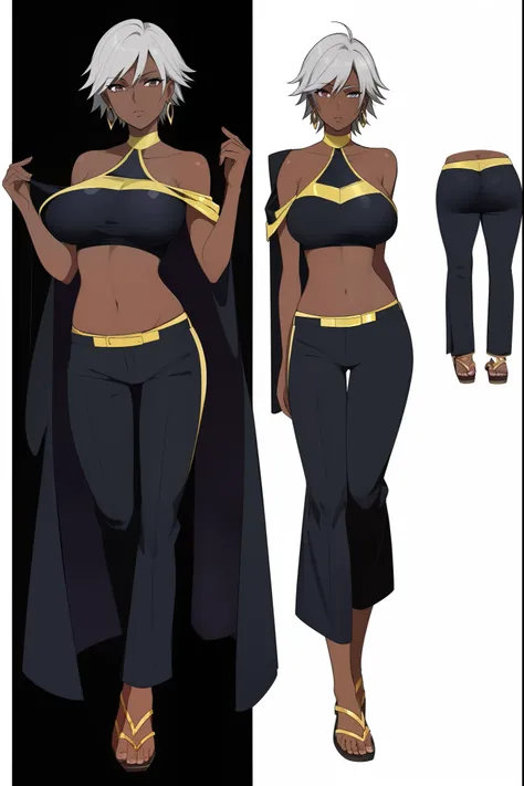 beautiful, (masterpiece:1.2), (best quality:1.2), perfect lighting, close up, upper half, 1girl, , refsheet, full bodyOroro, dark skin, short hair, earrings, robe ,,exposed shoulders, pants, large breasts, cute, cape foreshortening, depth, lab, , full body...