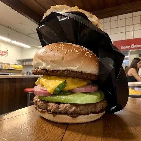 Mulher com a cor de pele branca, cabelo grande, segurando hamburger,em uma loja de lanches, em alta qualidade, melhor qualidade