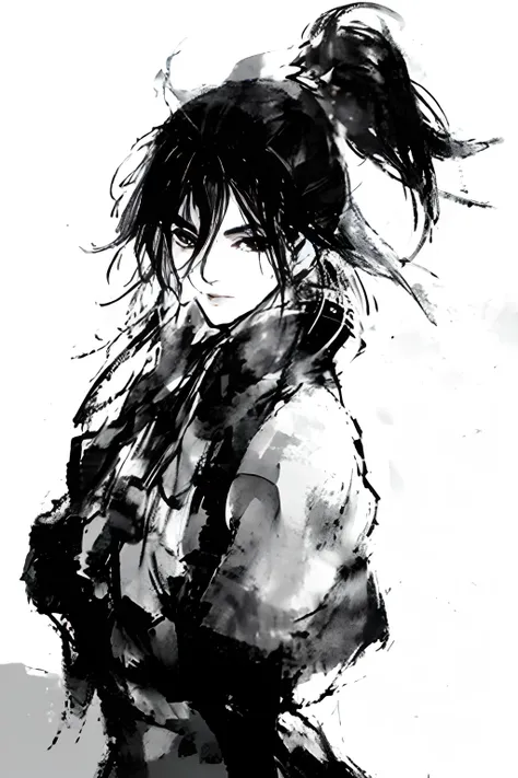 masterpiece, best quality,1boy,standing, black hair bun,cold face, upper body, (front),monochrome, greyscale,