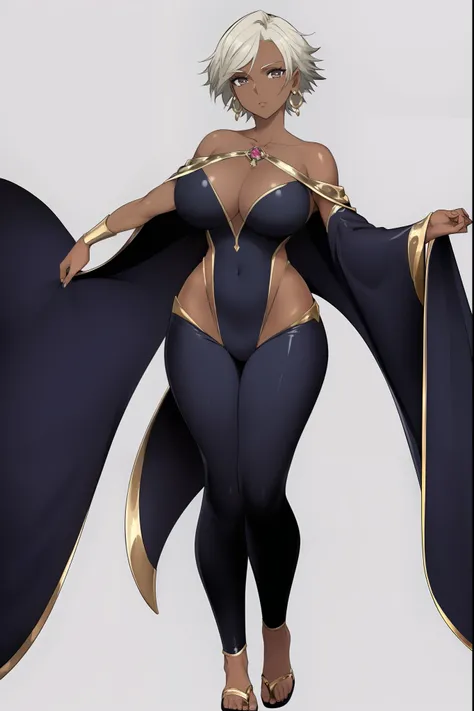 beautiful, (masterpiece:1.2), (best quality:1.2), perfect lighting, close up, upper half, 1girl, , refsheet, full bodyOroro, dark skin, short hair, earrings, robe ,,exposed shoulders, pants, large breasts, cute, cape foreshortening, depth, lab, , full body...