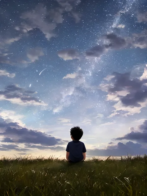 Dark night sky fully by clouds one cute boy sit at grass and look at the dark sky