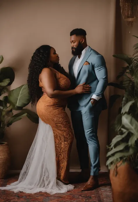 Black couple, Melanin, Curvy, Dressed in lingerie witheels, handsome man with full beard and locs, standing in living room holding each other,