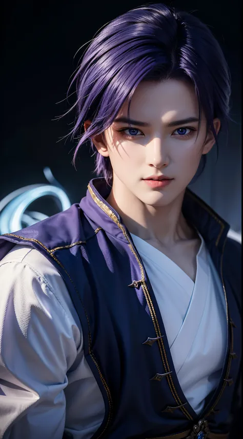 An 8k masterpiece, Highest resolution, Every detail, Meticulous details, Depth of field, bright colors, Nice layout: anime character Gohan impresses with his blue-purple hair and eyes that brightly illuminate every detail, standing on a dark and ominous ba...