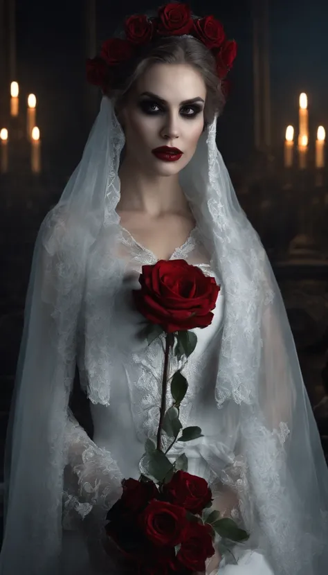 Master part, EXTREMELY HIGH QUALITY, HD 8k, 1 fille vampire, WITH A RED ROSE IN HER HAIR AND A SKULL IN HER HANDS, creepy atmosphere, Robe noire gothique, ouvrir bouche, Dents de vampire, yeux rouges ，(Award-winning masterpiece , beste-Qualit:1. 2) , Chris...