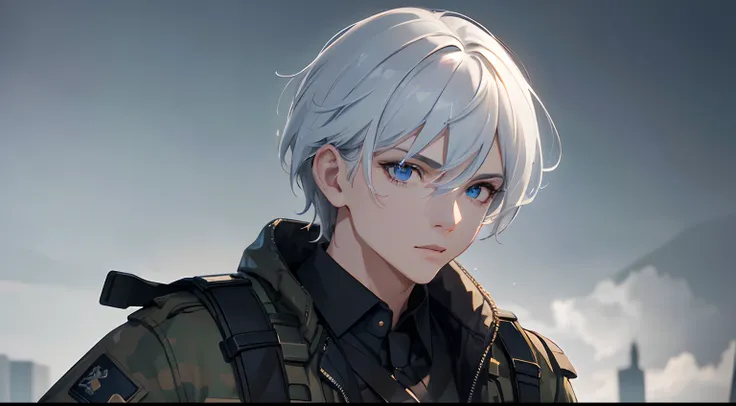 masterpiece, best quality, 1boy, black hair, white hair, blue eyes, mature, military camouflage, tactical, soldier, battlefield, detailed eyes, detailed facial features, realistic and high resolution (best quality, 4k, 8k, highres, masterpiece:1.2)