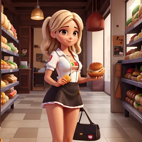 Mulher ,roupa preta,Holding hamburger in hand,em uma loja de lanches, em alta qualidade, melhor qualidade