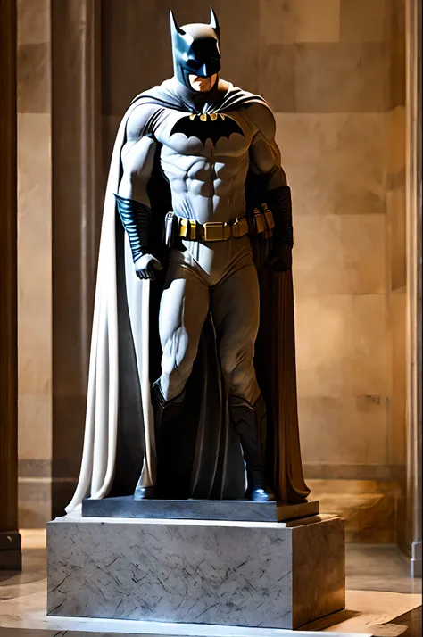 marble statue of batman、uncolored marble、integrated marble pedestal、full body like、​masterpiece、art gallery、warm color lighting、...