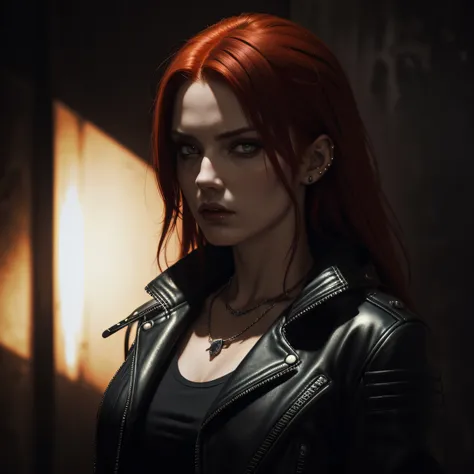 (highres,masterpiece:1.2),ultra-detailed,woman with red hair,wearing a black leather jacket,evil gaze,piercing eyes,intense expression,edgy style,dark atmosphere,dramatic lighting,oil painting,textured background,high contrast,deep shadows,vivid colors,gri...