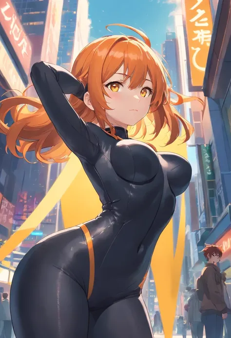 1 female、Orange hair、Colossal tits、Big ass、Black catsuit、yellow eyes、Large, thick thighs、a short bob、wide hips