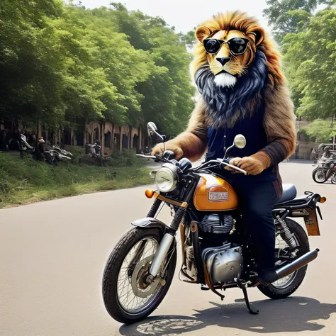 A photo of lion hybrid wearing glasses and riding Royal Enfield bike