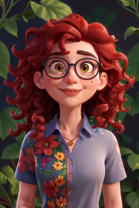 (high quality,masterpiece:1.2),curly-haired woman,red-framed glasses,black shirt with red and blue flower pattern,holding a plant against a background of medicinal plants,artistic style, vibrant colors, soft lighting, detailed facial features, botanical il...