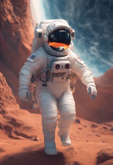 A Yeti astronaut floating in open space. The astronaut cant take too much space in the frame,
A cool but subtle planet/system/star element in the background
The astronaut actually being a yeti (or some abstract hint of a yeti in the image as a reference to...