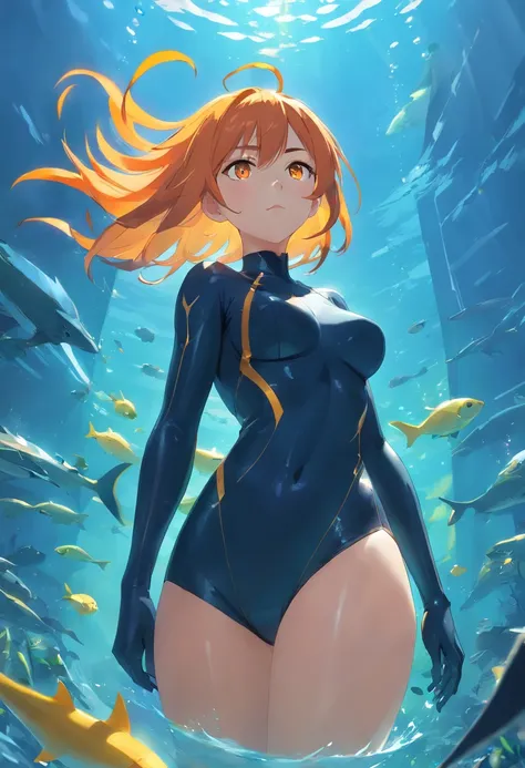 1 female、Orange hair、Colossal tits、Big ass、Black catsuit、yellow eyes、Large, thick thighs、a short bob、wide hips、underwater