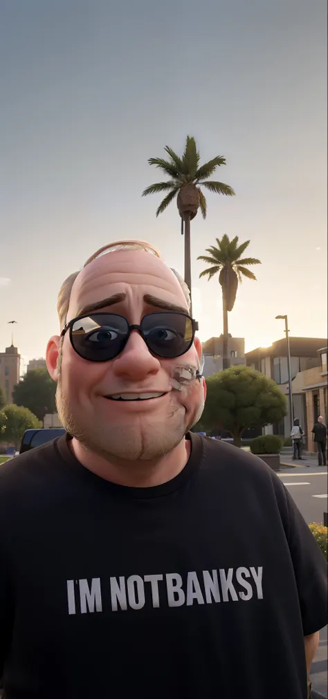 Masterpiece, of the best quality, a blond and bald man, wearing mirrored sunglasses, wearing a black shirt with the words "Im not Banksy" in an environment with computers and technology