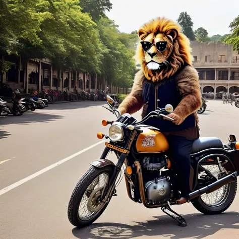 a photo of lion hybrid wearing glasses and riding royal enfield bike