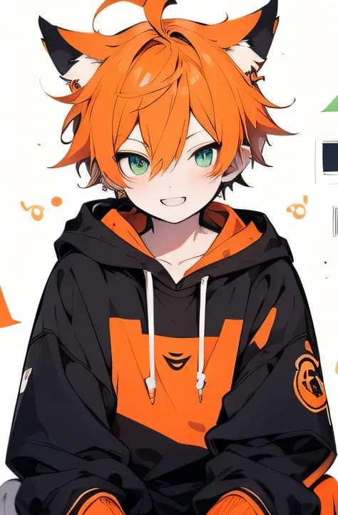 a boy wearing an orange hoodie and black shorts, with light orange hair, an ahoge, expressive hair, emerald green eyes, and sapp...