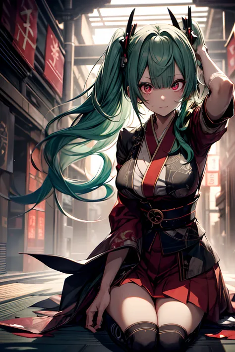 dead body、Blood everywhere、blood splashing、dark hue、Red hue、Japanese dress、Kimono Dresses、long、miku hatsune、Green hair、Twin-tailed、Ahegao ( Silly / Sexual ecstasy)、Cross-eyed、Stranger、View other people、Blunt bangs、 over-kneehighs,Ahegao , Silly,Sexual ecst...