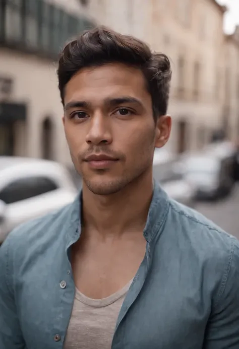 a mixed-race man, mid hair, standing in street, fundo desfocado, bonito, fotorrealista