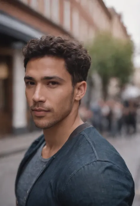 a mixed-race man, mid hair, standing in street, fundo desfocado, bonito, fotorrealista