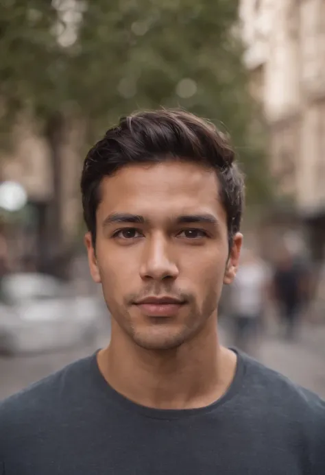 a mixed-race man, mid hair, standing in street, fundo desfocado, bonito, fotorrealista