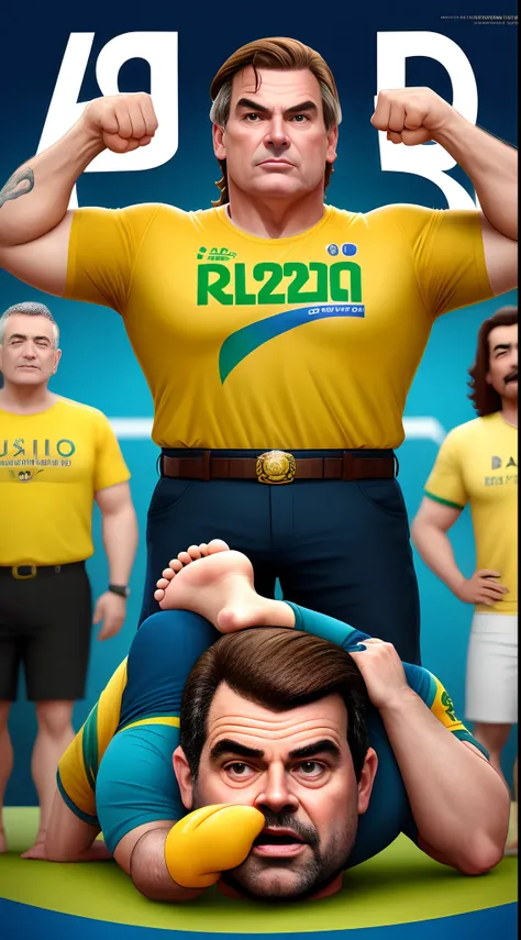 Create Disney Pixar Style Image with Title: Bolsonaro, O Mito. Former President of Brazil Jair Bolsonaro Giant in Champion Pose with His Foot on the Head of Current President of Brazil Luis Inácio da Silva as a Dwarf. Behind the two thousand Brazilians in ...