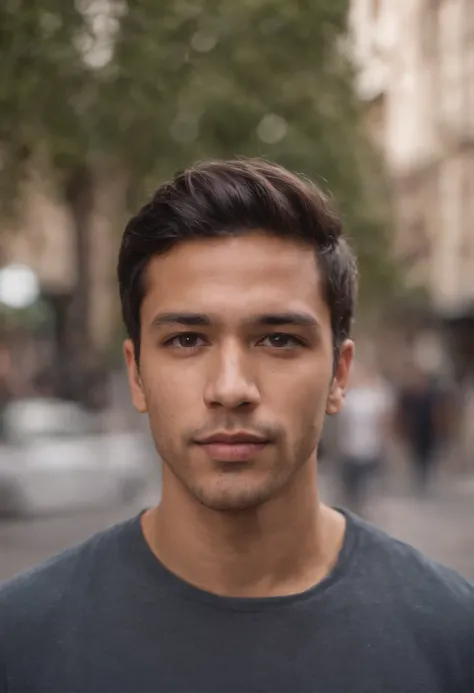 a mixed-race man, mid hair, standing in street, fundo desfocado, bonito, fotorrealista