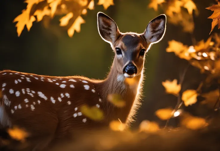 Hyper-realistic glamour photo of a small baby deer nibbling on maple leaves surrounded by beautiful maple leaves in a dark forest, outono, Olhos bonitos, sunlight, (alta qualidade:1.2), Pelo extremamente detalhado, master part, best quality, fotografia, So...