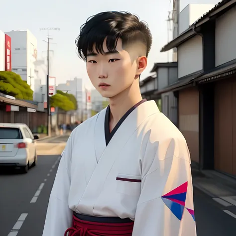 Um menino japones com cabelo topete em forma de triangulo