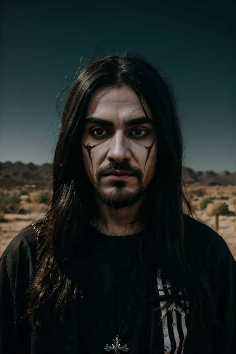 jesus christ as a black metal artis, wearing corpse paint on the desert at night