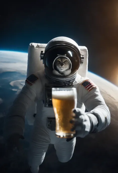 An astronaut in a yeti costume floating in space, in the distant center holding a beer, 1/4 of blurred earth in the background