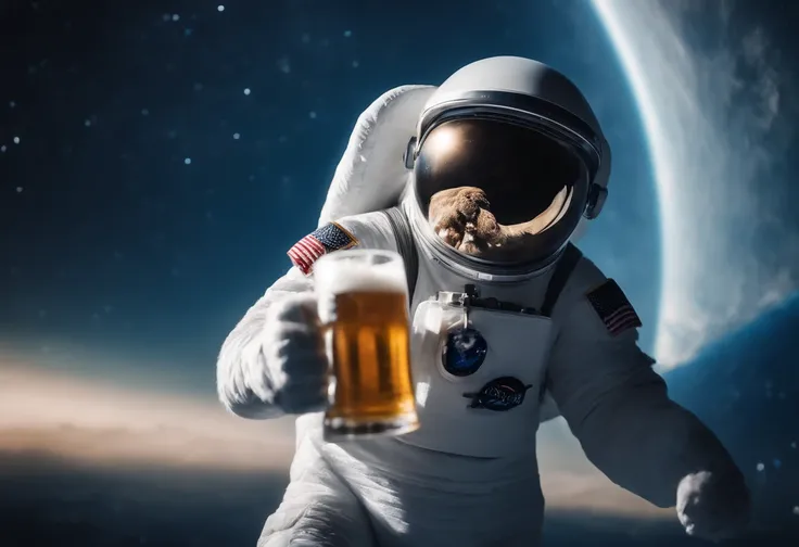 An astronaut in a yeti costume floating in space, in the distant center holding a beer, 1/4 of blurred earth in the background