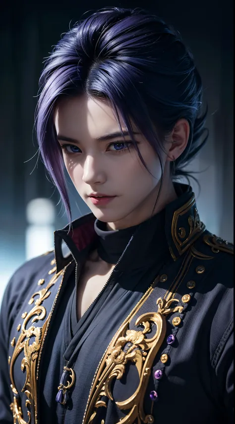 An 8k masterpiece, Highest resolution, Every detail, Meticulous details, Depth of field, bright colors, Nice layout: anime character Gohan impresses with his blue-purple hair and eyes that brightly illuminate every detail, standing on a dark and ominous ba...