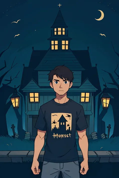 guy wearing a t-shirt having a haunted house printed on the shirt