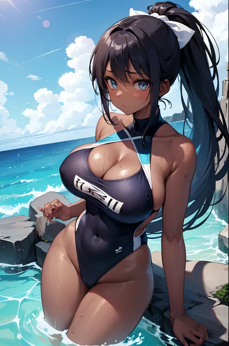 sea, swimsuit, splash, big breasts, beauty, odd eyes, dark skin, sweat, ponytail, thighs