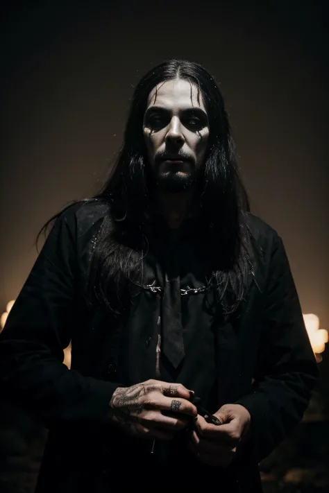 Jesus Christ with a corpse paint, as a black metal artist, agreesive and dark, black metal music style, on the dessert at night