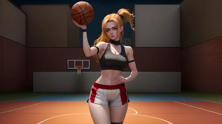 maryms, best quality, (beauty), masterpiece, 1 girl, physics-based render, ultra high resolution, narrow waist, thinness, big eyes, long legs, (small breasts), swollen eyes, night, outdoor basketball court, shiny skin, facing the viewer, fighting stance, s...