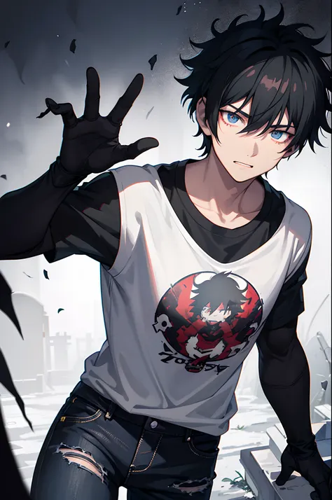 Teen boy, darkness, hand with scar and burning scar, t-shirt, black jeans, poker face, cemetery background, anime characters, male anime, focus anime, hero academia, scary hand, night darkness, raining, monster hand, have power to absorb the elements of li...