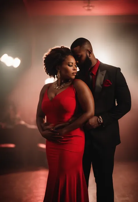 Black couple, Melanin, plus size, Dressed in silky red dress With heels, handsome man with full beard and locs, wearing red suit, standing in ballroom holding each other, White and red smoke under feet,