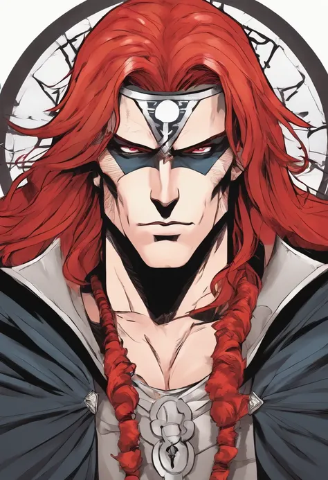 Male with long red hair, black veins from the eyes onto the cheeks, black claws down to the elbows, black cloak with white X markings, tall and muscular, fully black eyes, has third eye that is also fully black, one piece