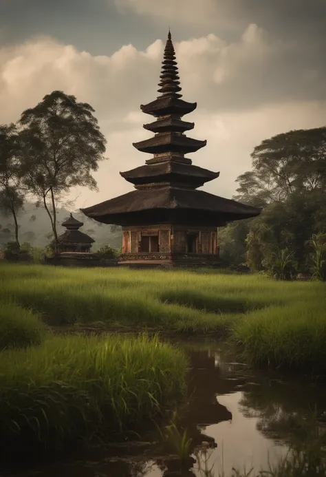 Minangkabau gadag house is in the middle of rice fields, there is a waterfall, birds are flying