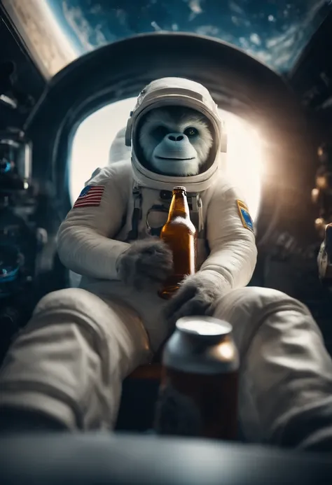 A Yeti themed Astronaut costume, yeti head, floating in space, in the distant center holding a beer, 1/4 of blurred earth in the background, depth of field, beer focus