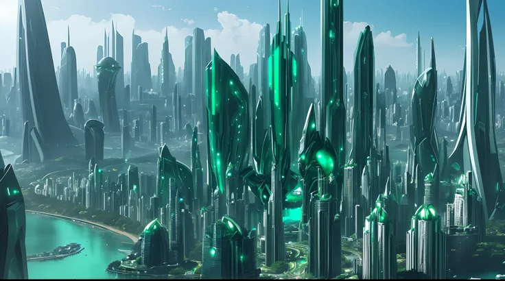 a epic beautiful emerald futuristic city