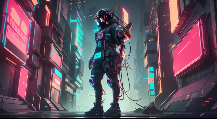 (masterpiece, full-body shot, intrincate raw photography)cyberpunk citizen in oversize techwear, using a black  astro daftpunk style helmet, neon light details, intrincate, futuristic, sharpness, ramdom pose, cyberpunk city, street neon lights, insta pic, ...