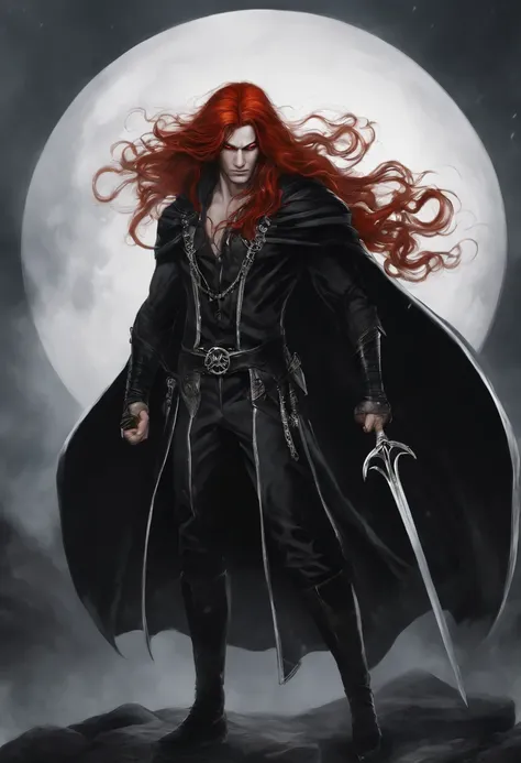 Male with long red hair. black vein markings from the eyes onto the cheeks. black claws down to the elbows. black cloak with white X markings. tall and muscular. fully black eyes, has third eye that is also fully black. one piece style.