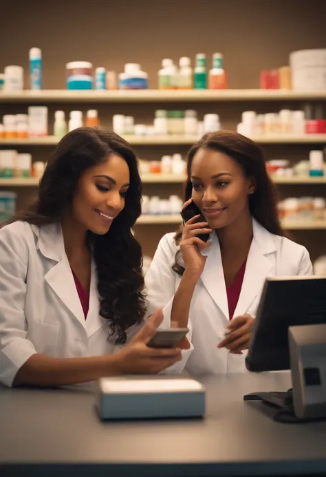 2 pharmacists female, one has long hair and is african american , the other is asian medium hair, cellphone aplication , health , laws and drugs